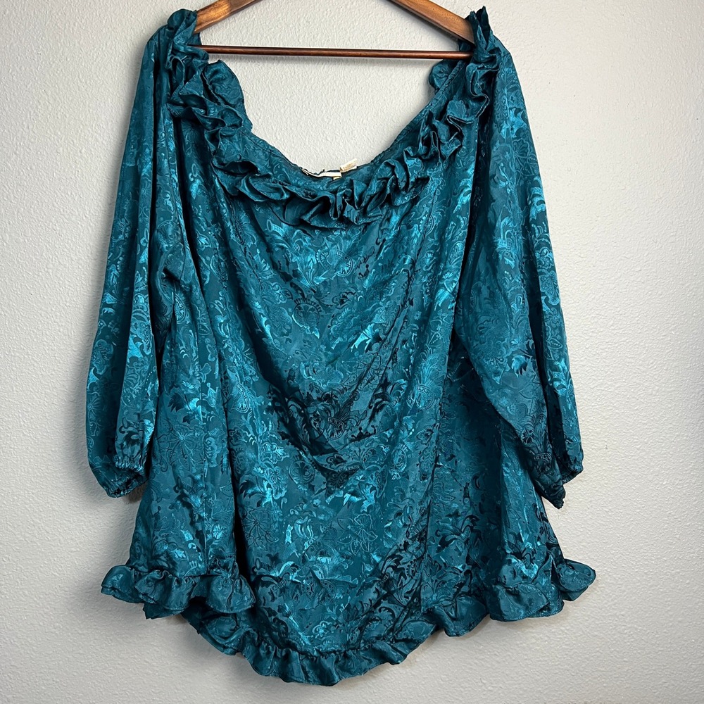 Victorias Secret Teal Satin Jacquard Ruffle Peasant Top M/L Glam Romantic Bardot